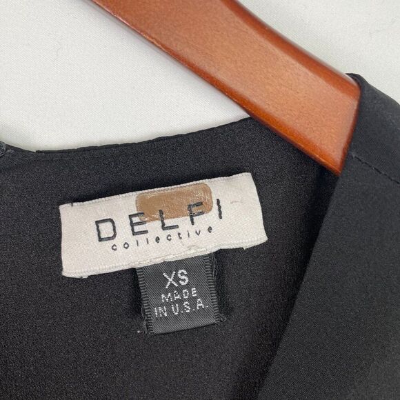 DELFI Collective Fallon Silk Long Sleeve Draped Hem Blouse Top Black Yellow XS - Picture 6 of 7